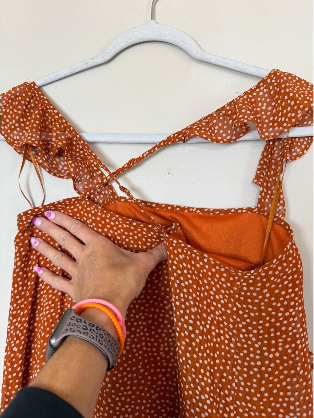Sugar+Lips Women's Rust Orange Polka Dot Ruffle Mini Dress, Size Small - Picture 4 of 8
